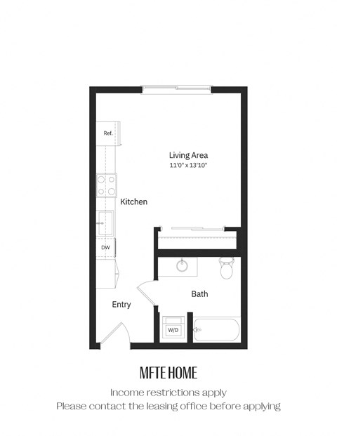 A floor plan of an MFTE home with income restrictions and a note to contact the leasing office before applying.